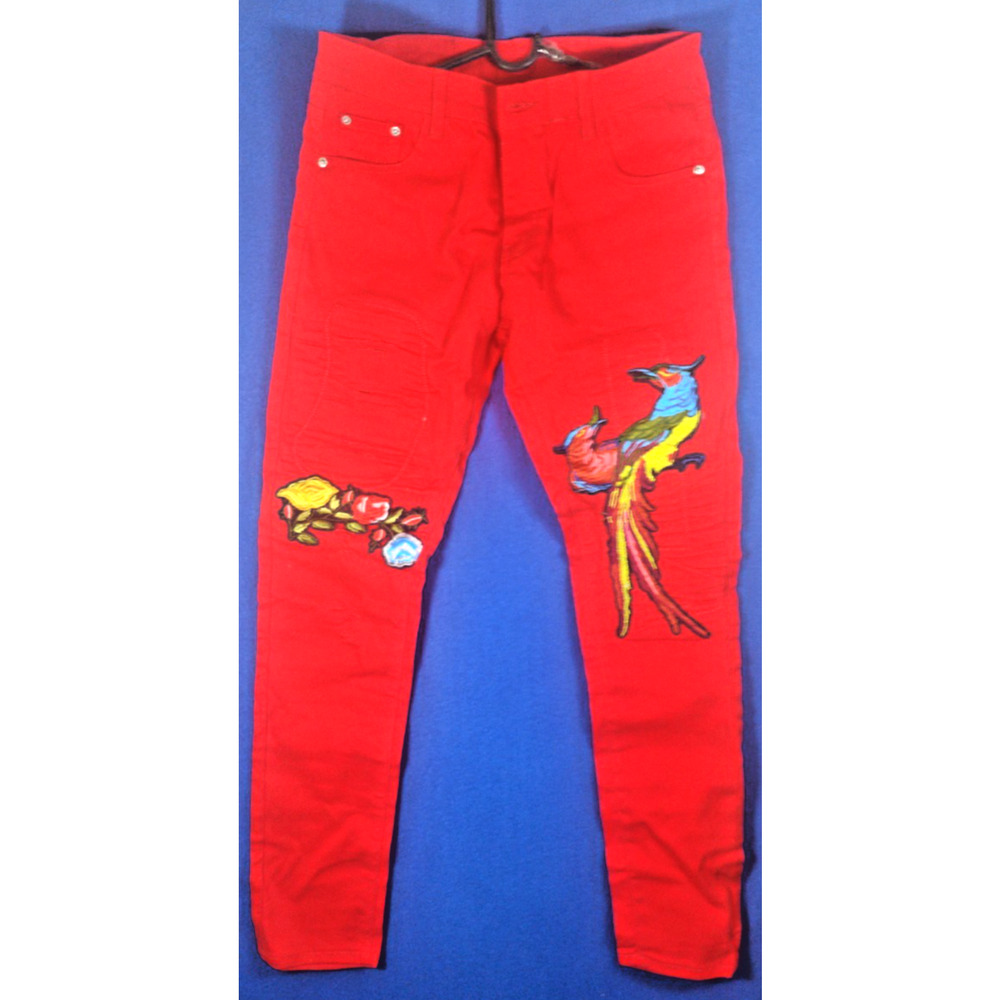 Bie Pa Paris Red Denim Jeans Women's Size 33 Embroidered Phoenix Floral Slim
